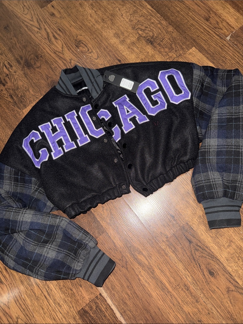 Fashion Nova Black & Purple Cropped Chicago Varsity Jacket